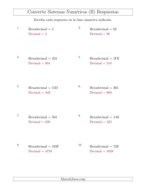 La hoja de ejercicios de Convertir del Sistema Hexadecimal al Sistema Decimal (B) Página 2