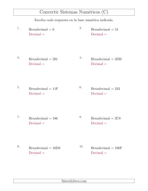 La hoja de ejercicios de Convertir del Sistema Hexadecimal al Sistema Decimal (C)