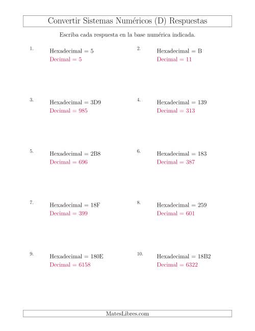 La hoja de ejercicios de Convertir del Sistema Hexadecimal al Sistema Decimal (D) Página 2