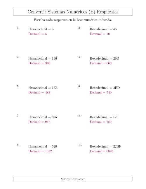 La hoja de ejercicios de Convertir del Sistema Hexadecimal al Sistema Decimal (E) Página 2