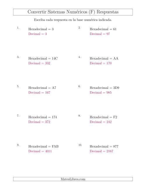 La hoja de ejercicios de Convertir del Sistema Hexadecimal al Sistema Decimal (F) Página 2
