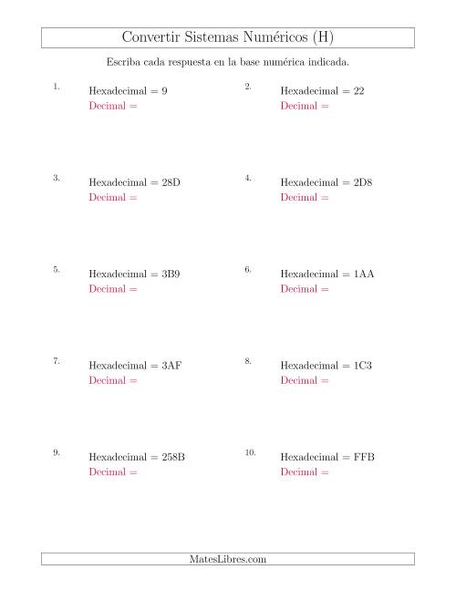 La hoja de ejercicios de Convertir del Sistema Hexadecimal al Sistema Decimal (H)