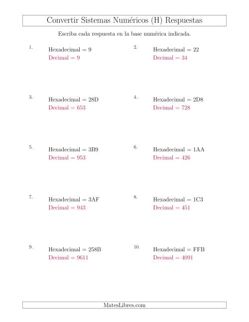 La hoja de ejercicios de Convertir del Sistema Hexadecimal al Sistema Decimal (H) Página 2