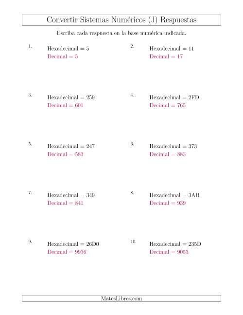 La hoja de ejercicios de Convertir del Sistema Hexadecimal al Sistema Decimal (J) Página 2