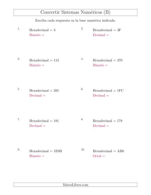 La hoja de ejercicios de Convertir del Sistema Hexadecimal a Varios Sistemas Numéricos (B)