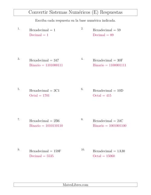 La hoja de ejercicios de Convertir del Sistema Hexadecimal a Varios Sistemas Numéricos (E) Página 2