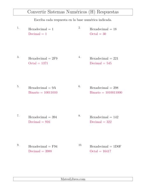 La hoja de ejercicios de Convertir del Sistema Hexadecimal a Varios Sistemas Numéricos (H) Página 2