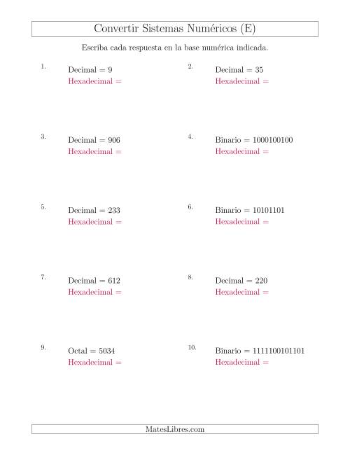 La hoja de ejercicios de Convertir de Varios Sistemas Numéricos al Sistema Hexadecimal (E)