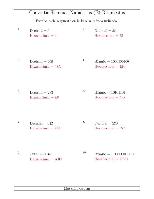 La hoja de ejercicios de Convertir de Varios Sistemas Numéricos al Sistema Hexadecimal (E) Página 2