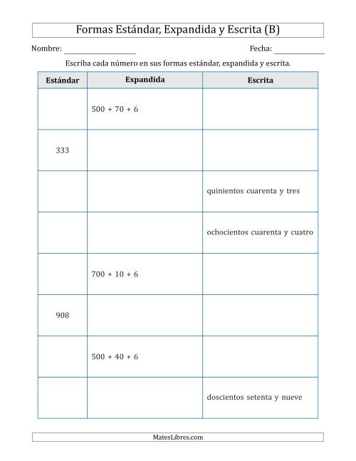 La hoja de ejercicios de Convertir entre las Formas Estándar, Expandida y Escrita (3 Dígitos) (B)