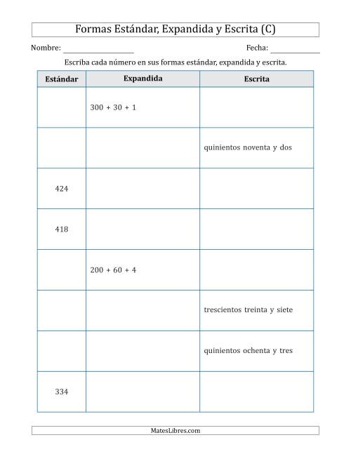 La hoja de ejercicios de Convertir entre las Formas Estándar, Expandida y Escrita (3 Dígitos) (C)