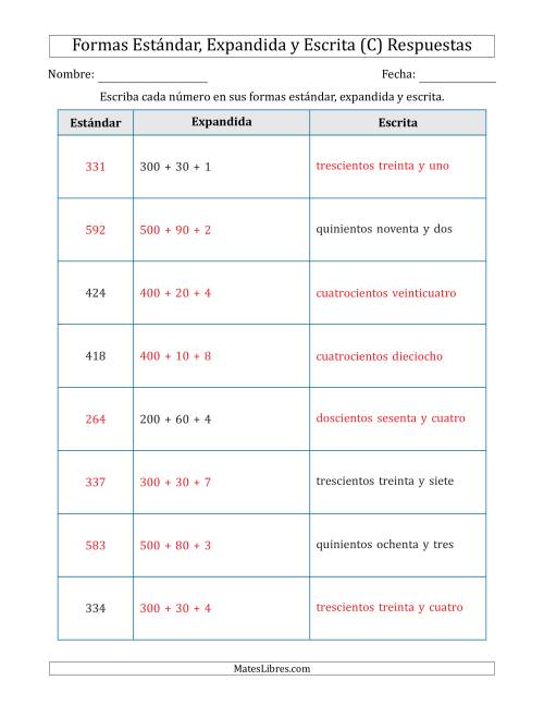 La hoja de ejercicios de Convertir entre las Formas Estándar, Expandida y Escrita (3 Dígitos) (C) Página 2