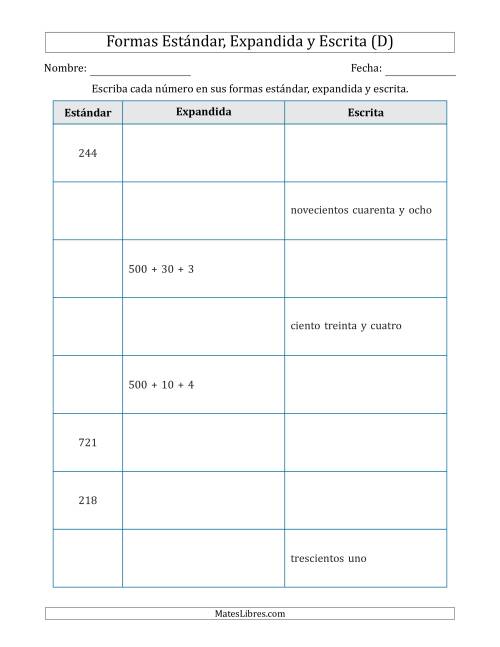 La hoja de ejercicios de Convertir entre las Formas Estándar, Expandida y Escrita (3 Dígitos) (D)
