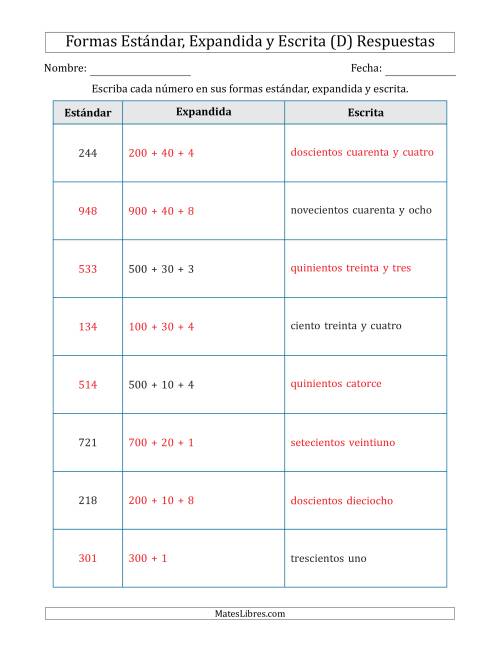 La hoja de ejercicios de Convertir entre las Formas Estándar, Expandida y Escrita (3 Dígitos) (D) Página 2