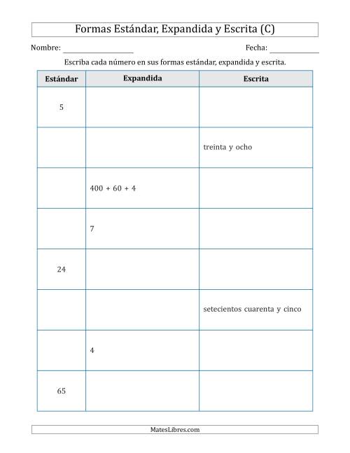 La hoja de ejercicios de Convertir entre las Formas Estándar, Expandida y Escrita (1 Dígitos a 3 Dígitos) (C)