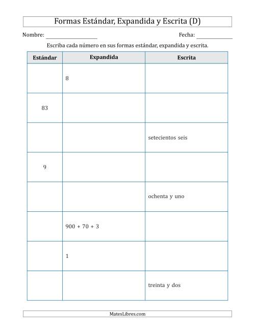 La hoja de ejercicios de Convertir entre las Formas Estándar, Expandida y Escrita (1 Dígitos a 3 Dígitos) (D)