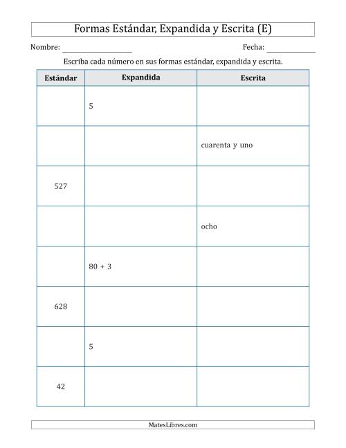 La hoja de ejercicios de Convertir entre las Formas Estándar, Expandida y Escrita (1 Dígitos a 3 Dígitos) (E)