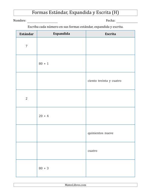 La hoja de ejercicios de Convertir entre las Formas Estándar, Expandida y Escrita (1 Dígitos a 3 Dígitos) (H)