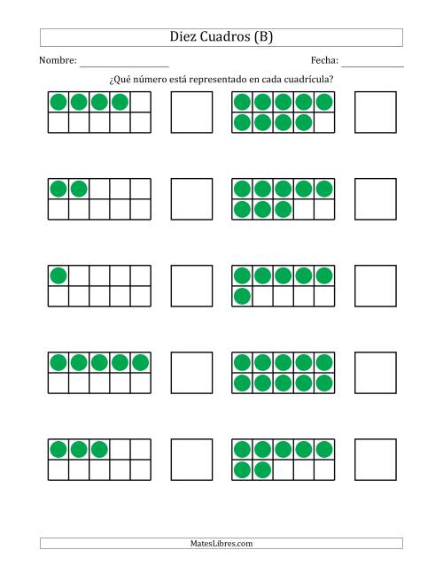 La hoja de ejercicios de Diez Cuadros Completos con los Números en Orden Aleatorio (B)