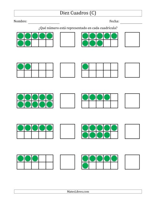 La hoja de ejercicios de Diez Cuadros Completos con los Números en Orden Aleatorio (C)