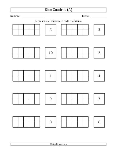 La hoja de ejercicios de Completar Diez Cuadros en Blanco con los Números en Orden Aleatorio (A)