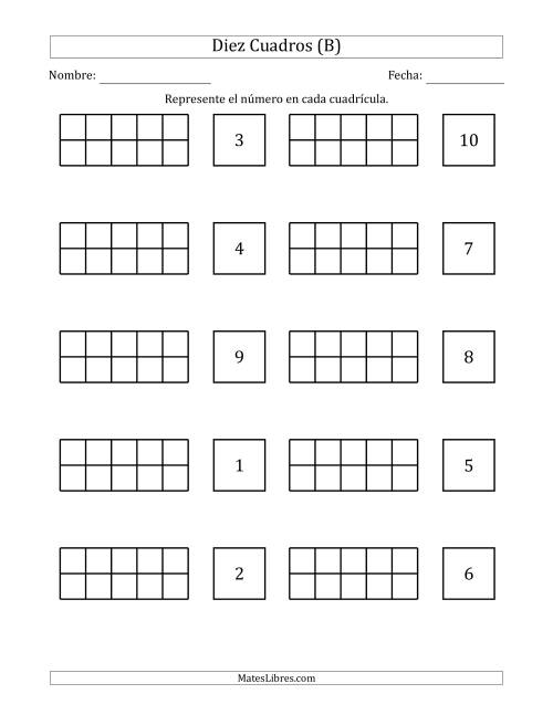 La hoja de ejercicios de Completar Diez Cuadros en Blanco con los Números en Orden Aleatorio (B)