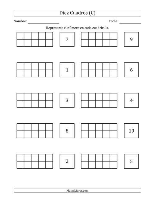 La hoja de ejercicios de Completar Diez Cuadros en Blanco con los Números en Orden Aleatorio (C)