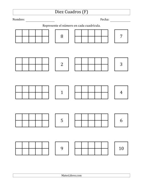 La hoja de ejercicios de Completar Diez Cuadros en Blanco con los Números en Orden Aleatorio (F)