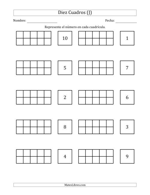 La hoja de ejercicios de Completar Diez Cuadros en Blanco con los Números en Orden Aleatorio (J)