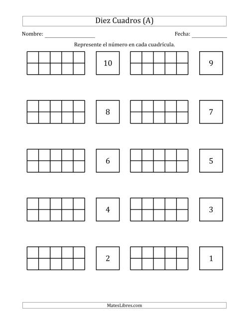 La hoja de ejercicios de Completar Diez Cuadros en Blanco con los Números en Orden Decreciente