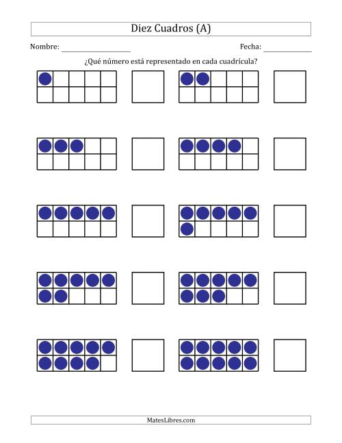 La hoja de ejercicios de Diez Cuadros Completos con los Números en Orden Creciente