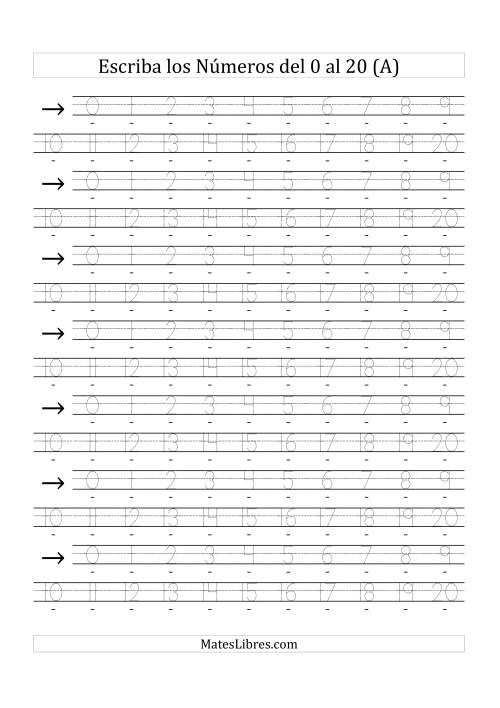 La hoja de ejercicios de Escribir Dígitos y Números hasta 20, Tamaño de Letra 36pts (Todas)