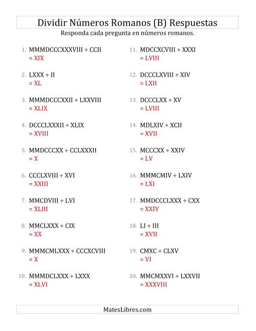 La hoja de ejercicios de Dividir Números Romanos hasta MMMCMXCIX (B) Página 2