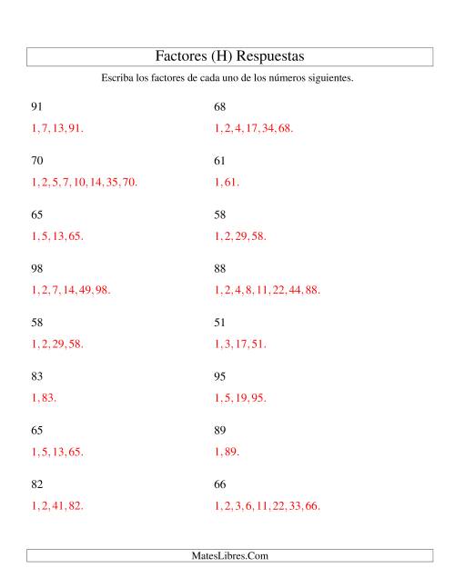 La hoja de ejercicios de Factorizar Números de 50 a 100 (H) Página 2