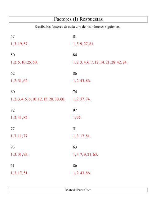 La hoja de ejercicios de Factorizar Números de 50 a 100 (I) Página 2