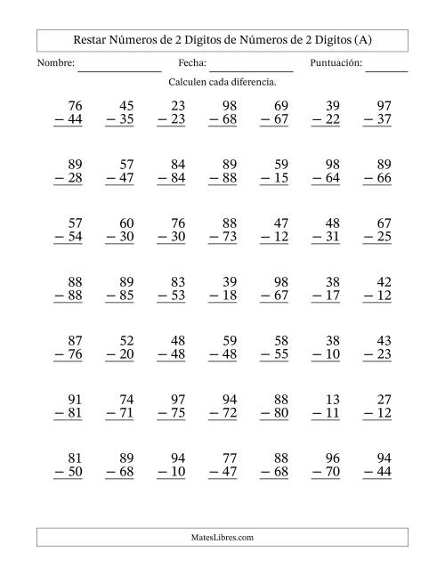La hoja de ejercicios de Restar números de 2 dígitos de números de 2 dígitos, sin acarreo (49 preguntas) (A)
