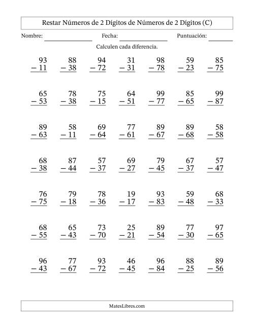 La hoja de ejercicios de Restar números de 2 dígitos de números de 2 dígitos, sin acarreo (49 preguntas) (C)