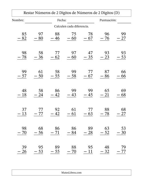 La hoja de ejercicios de Restar números de 2 dígitos de números de 2 dígitos, sin acarreo (49 preguntas) (D)