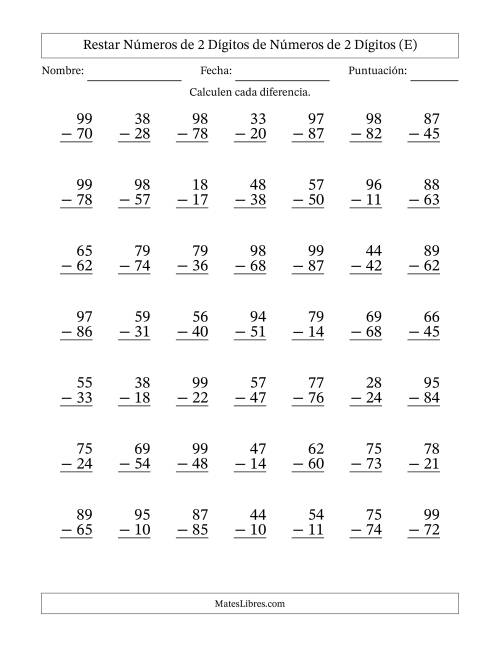 La hoja de ejercicios de Restar números de 2 dígitos de números de 2 dígitos, sin acarreo (49 preguntas) (E)