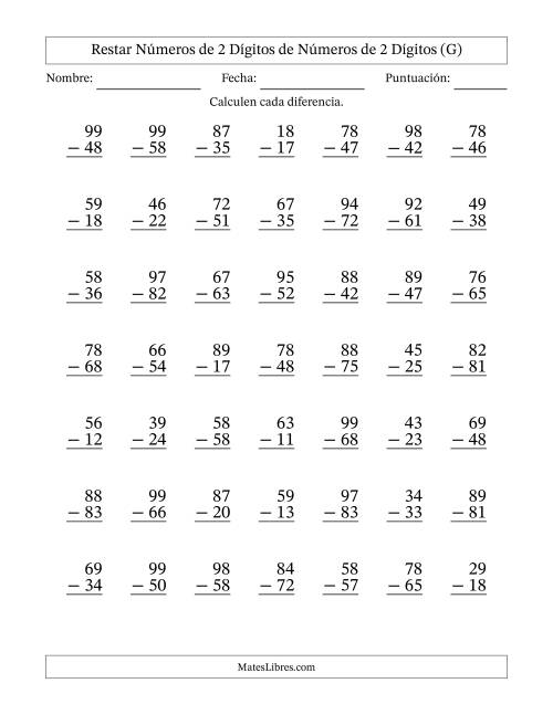 La hoja de ejercicios de Restar números de 2 dígitos de números de 2 dígitos, sin acarreo (49 preguntas) (G)