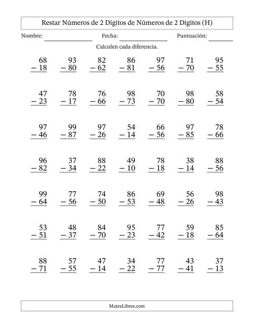 La hoja de ejercicios de Restar números de 2 dígitos de números de 2 dígitos, sin acarreo (49 preguntas) (H)