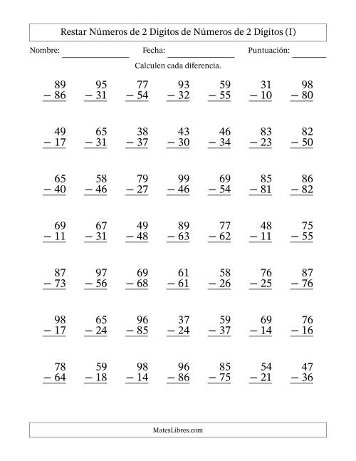 La hoja de ejercicios de Restar números de 2 dígitos de números de 2 dígitos, sin acarreo (49 preguntas) (I)
