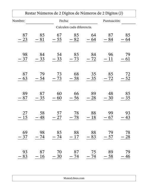 La hoja de ejercicios de Restar números de 2 dígitos de números de 2 dígitos, sin acarreo (49 preguntas) (J)