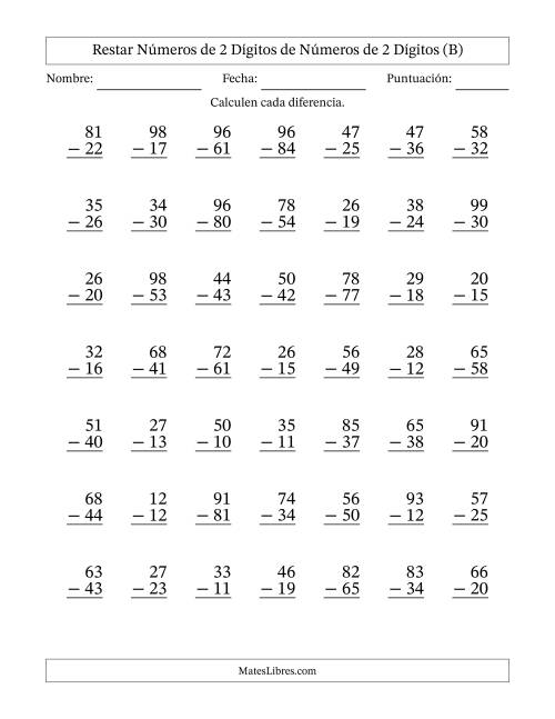 La hoja de ejercicios de Restar números de 2 dígitos de números de 2 dígitos, con acarreo en algunas preguntas (49 preguntas) (B)