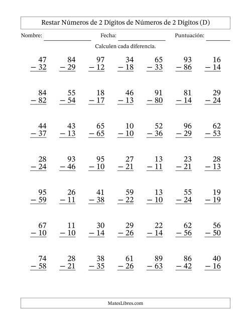 La hoja de ejercicios de Restar números de 2 dígitos de números de 2 dígitos, con acarreo en algunas preguntas (49 preguntas) (D)