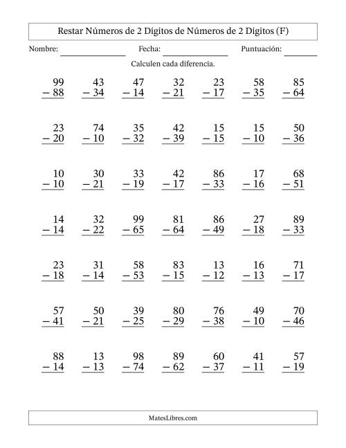 La hoja de ejercicios de Restar números de 2 dígitos de números de 2 dígitos, con acarreo en algunas preguntas (49 preguntas) (F)
