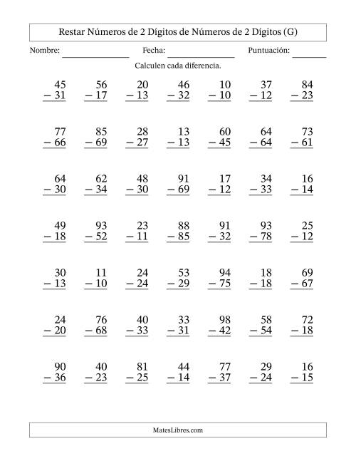 La hoja de ejercicios de Restar números de 2 dígitos de números de 2 dígitos, con acarreo en algunas preguntas (49 preguntas) (G)