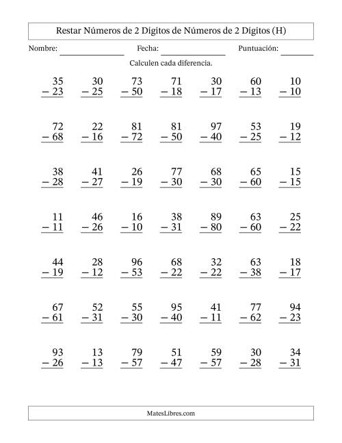 La hoja de ejercicios de Restar números de 2 dígitos de números de 2 dígitos, con acarreo en algunas preguntas (49 preguntas) (H)