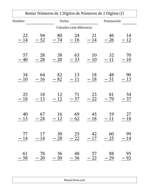 La hoja de ejercicios de Restar números de 2 dígitos de números de 2 dígitos, con acarreo en algunas preguntas (49 preguntas) (J)