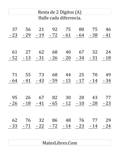 La hoja de ejercicios de Resta de Dos Dígitos Menos Dos Dígitos con Alguna Reagrupación (Grande)